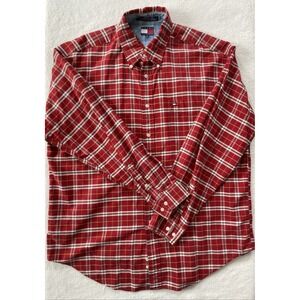 Vintage 90s Tommy Hilfiger Button Down Shirt Men XL Red Plaid Long Sleeve Cotton